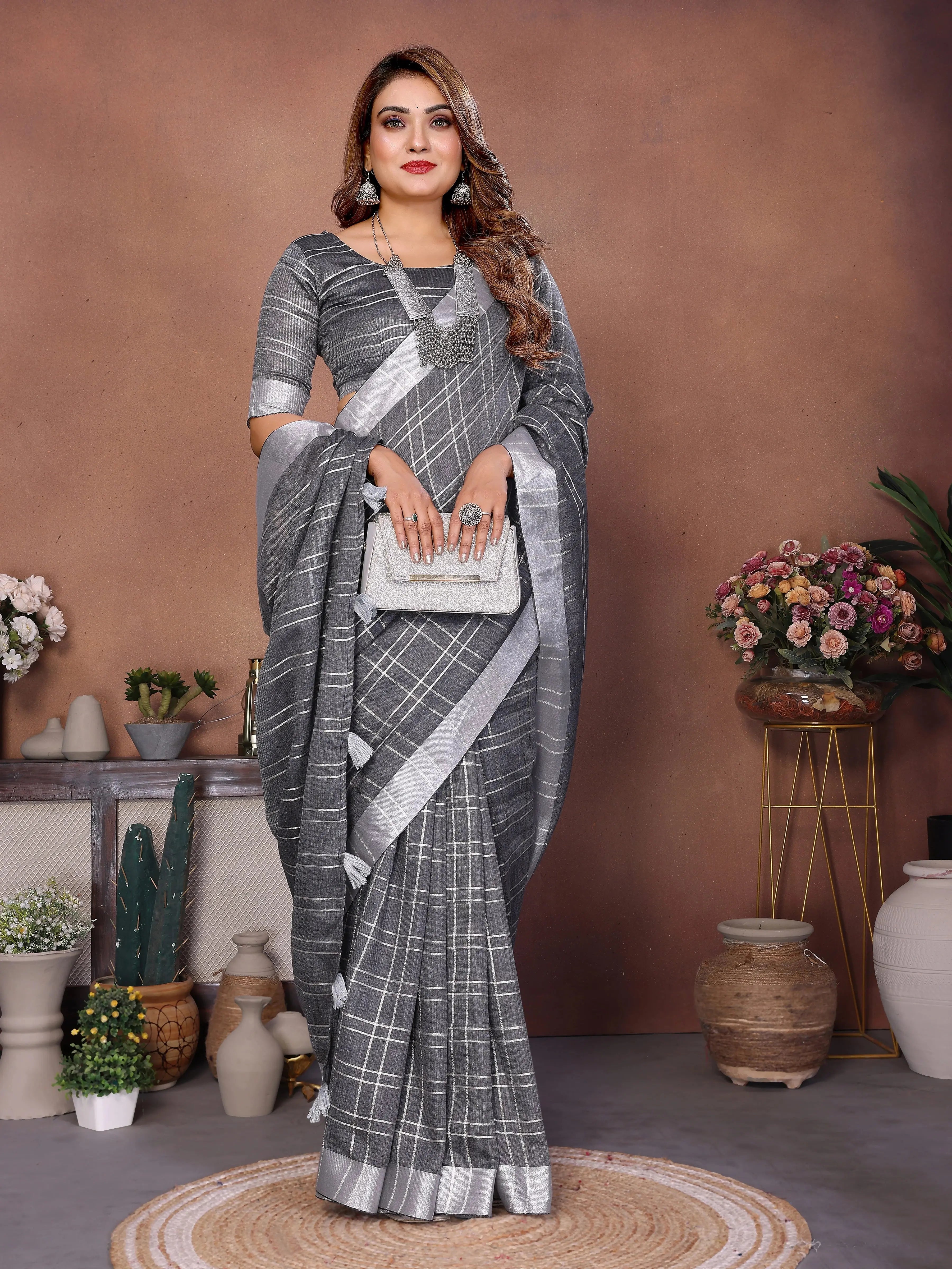 Gray Ached Weaving Soft Linen Saree - kalyanja